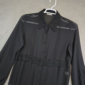 Vtg Avalin Sheer‎ Blouse Womens L Sheer Beaded Long Sleeve Lace Pleated Capsule